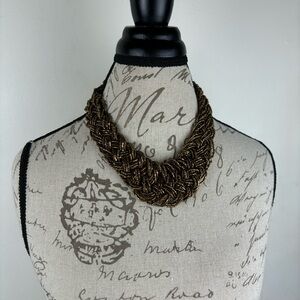 Woven Metallic Beaded Statement Necklace - Bronze-Tone